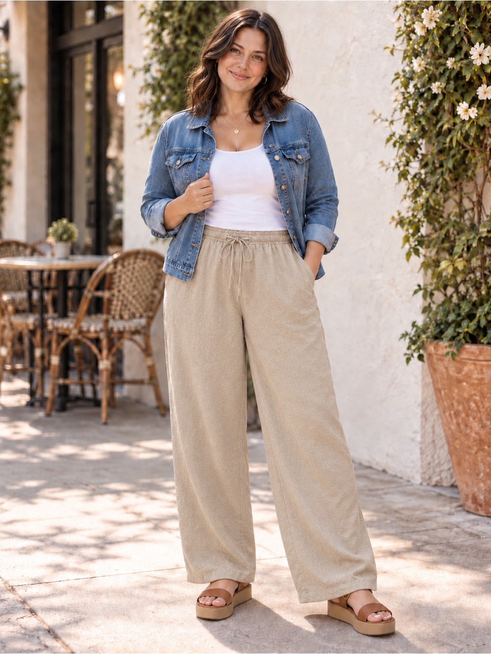 A New Day Tan Linen Blend Wide Leg Pull-On Pants Medium Fits L XL